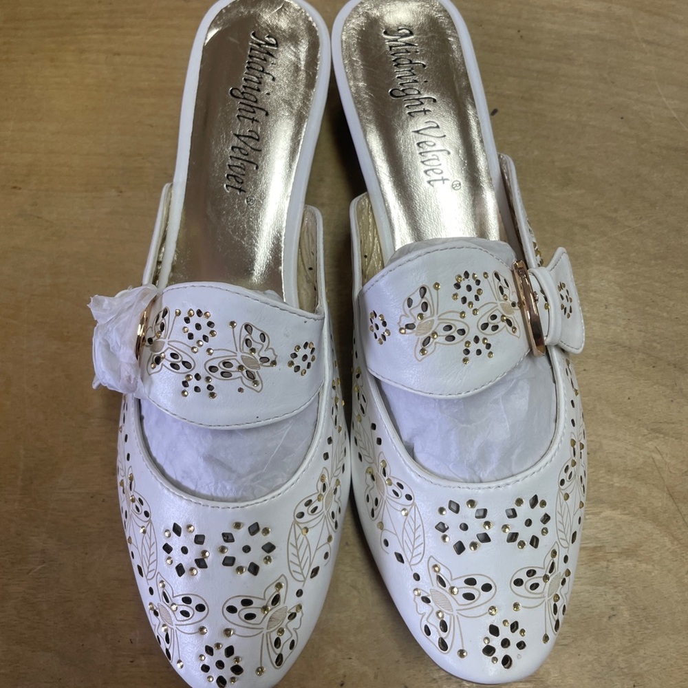 Midnight Velvet White and Gold Women's Mules